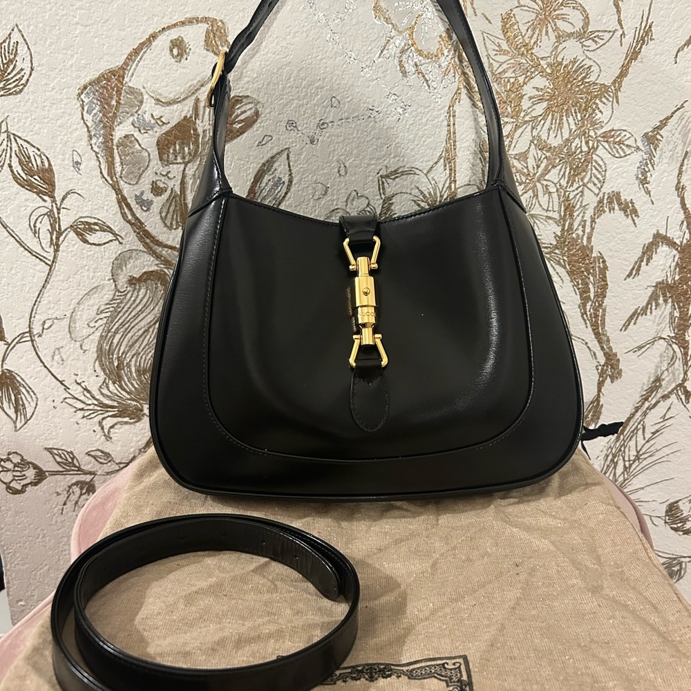 Gucci Black and Gold Shoulder Bag with Piston Closure